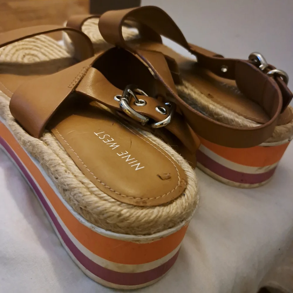 NINE WEST Womens Tan Leather Espadrille‎ Platform Sandals Size 12 Wedge
